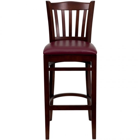 Vertical Slat Back Mahogany Wood Restaurant Barstool - Burgundy Vinyl Seat