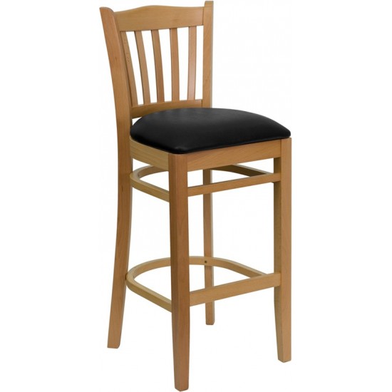 Vertical Slat Back Natural Wood Restaurant Barstool - Black Vinyl Seat