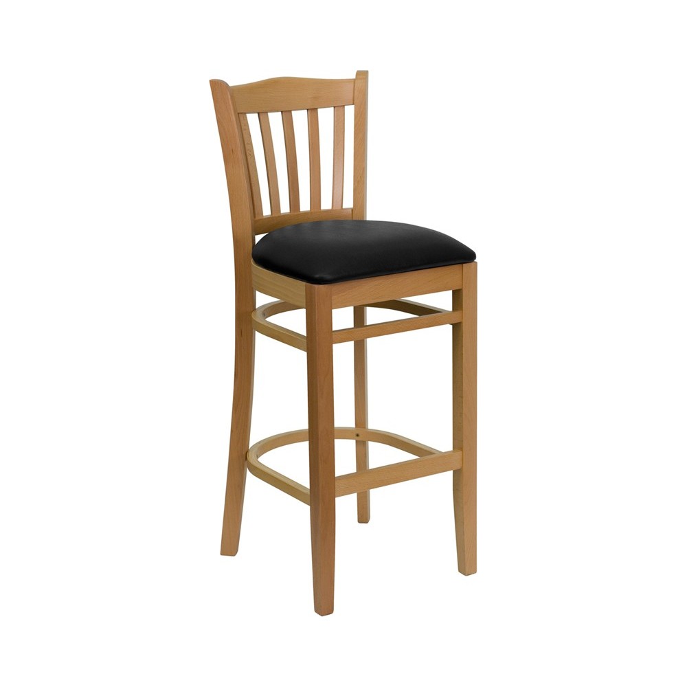 Vertical Slat Back Natural Wood Restaurant Barstool - Black Vinyl Seat