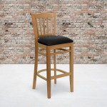 Vertical Slat Back Natural Wood Restaurant Barstool - Black Vinyl Seat