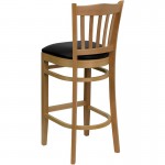 Vertical Slat Back Natural Wood Restaurant Barstool - Black Vinyl Seat