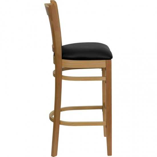 Vertical Slat Back Natural Wood Restaurant Barstool - Black Vinyl Seat