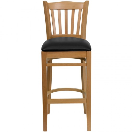 Vertical Slat Back Natural Wood Restaurant Barstool - Black Vinyl Seat