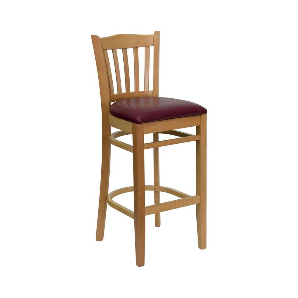 Vertical Slat Back Natural Wood Restaurant Barstool - Burgundy Vinyl Seat