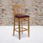 Vertical Slat Back Natural Wood Restaurant Barstool - Burgundy Vinyl Seat