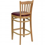 Vertical Slat Back Natural Wood Restaurant Barstool - Burgundy Vinyl Seat