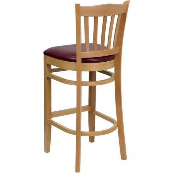 Vertical Slat Back Natural Wood Restaurant Barstool - Burgundy Vinyl Seat