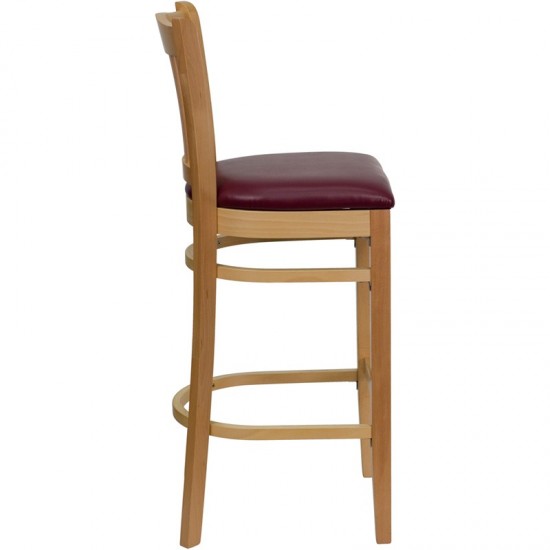 Vertical Slat Back Natural Wood Restaurant Barstool - Burgundy Vinyl Seat