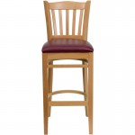 Vertical Slat Back Natural Wood Restaurant Barstool - Burgundy Vinyl Seat