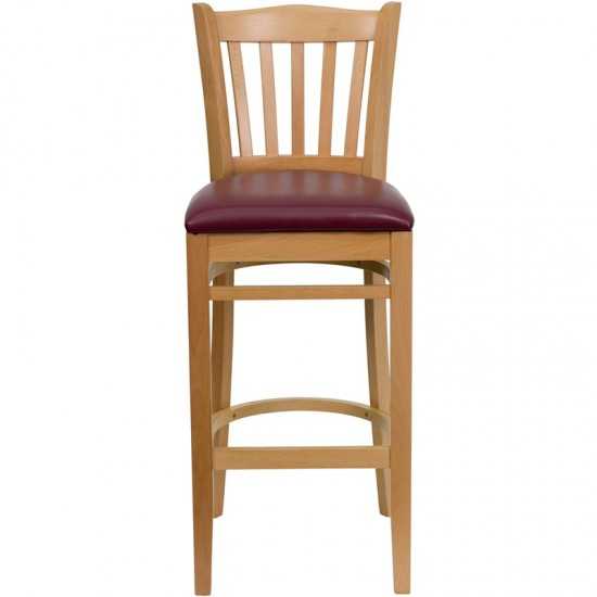 Vertical Slat Back Natural Wood Restaurant Barstool - Burgundy Vinyl Seat