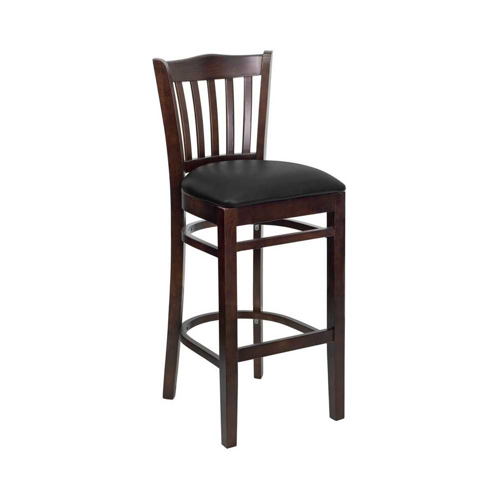 Vertical Slat Back Walnut Wood Restaurant Barstool - Black Vinyl Seat