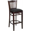 Vertical Slat Back Walnut Wood Restaurant Barstool - Black Vinyl Seat