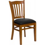 Vertical Slat Back Cherry Wood Restaurant Chair - Black Vinyl Seat