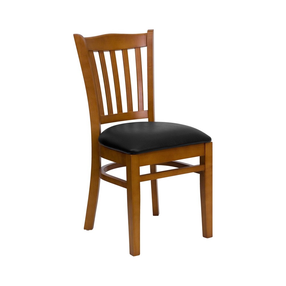 Vertical Slat Back Cherry Wood Restaurant Chair - Black Vinyl Seat