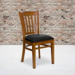 Vertical Slat Back Cherry Wood Restaurant Chair - Black Vinyl Seat