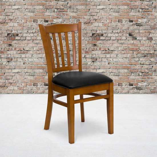 Vertical Slat Back Cherry Wood Restaurant Chair - Black Vinyl Seat