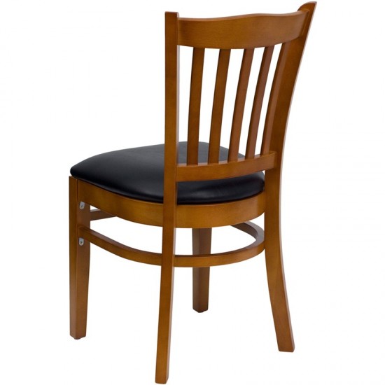 Vertical Slat Back Cherry Wood Restaurant Chair - Black Vinyl Seat