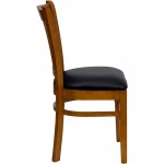 Vertical Slat Back Cherry Wood Restaurant Chair - Black Vinyl Seat