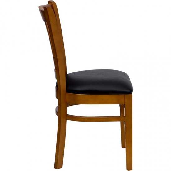 Vertical Slat Back Cherry Wood Restaurant Chair - Black Vinyl Seat