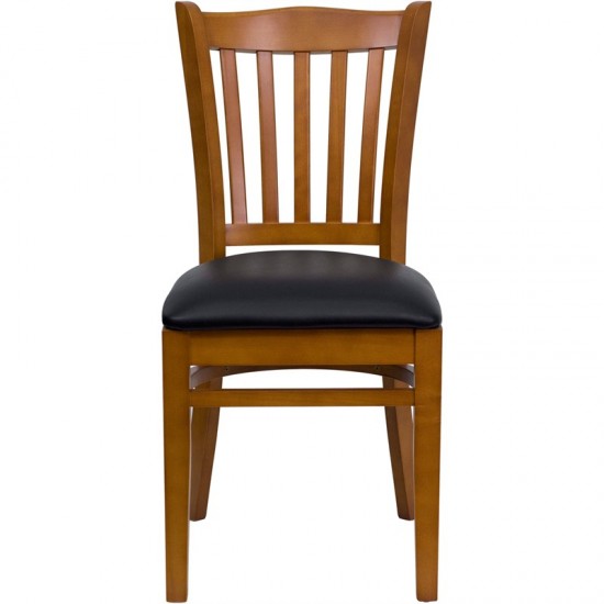 Vertical Slat Back Cherry Wood Restaurant Chair - Black Vinyl Seat