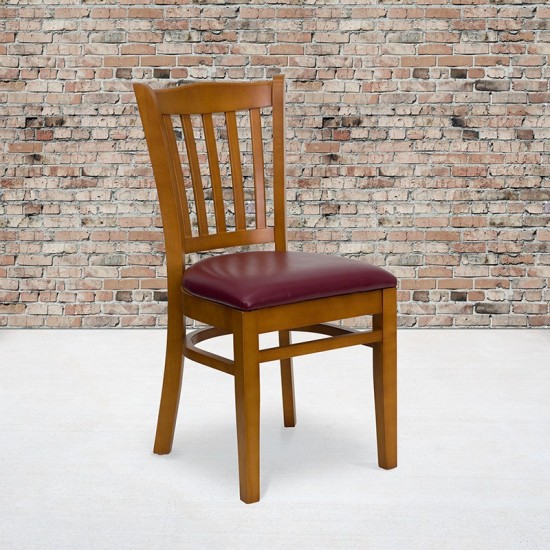 Vertical Slat Back Cherry Wood Restaurant Chair - Burgundy Vinyl Seat