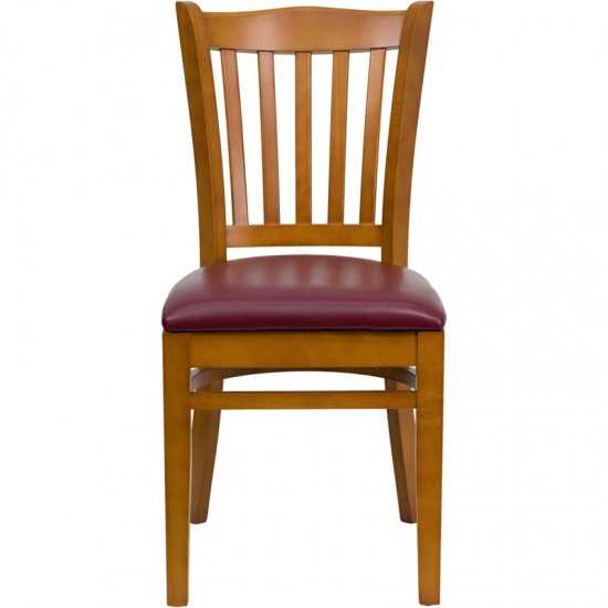 Vertical Slat Back Cherry Wood Restaurant Chair - Burgundy Vinyl Seat