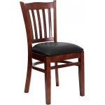 Vertical Slat Back Mahogany Wood Restaurant Chair - Black Vinyl Seat