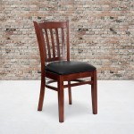 Vertical Slat Back Mahogany Wood Restaurant Chair - Black Vinyl Seat