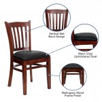 Vertical Slat Back Mahogany Wood Restaurant Chair - Black Vinyl Seat
