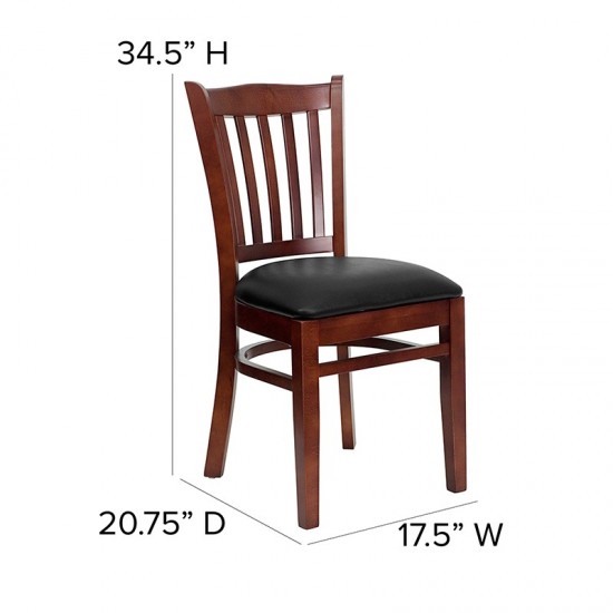 Vertical Slat Back Mahogany Wood Restaurant Chair - Black Vinyl Seat