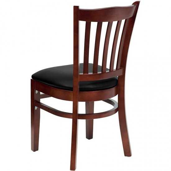 Vertical Slat Back Mahogany Wood Restaurant Chair - Black Vinyl Seat