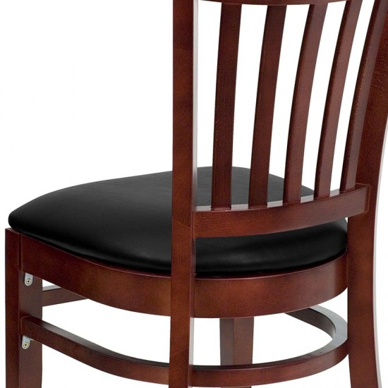 Vertical Slat Back Mahogany Wood Restaurant Chair - Black Vinyl Seat