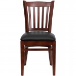 Vertical Slat Back Mahogany Wood Restaurant Chair - Black Vinyl Seat