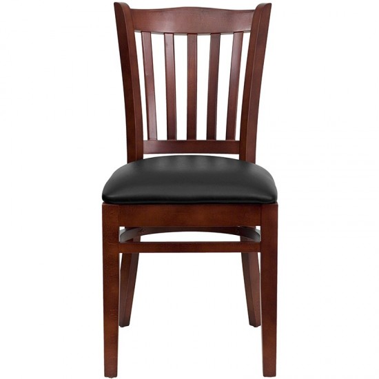 Vertical Slat Back Mahogany Wood Restaurant Chair - Black Vinyl Seat