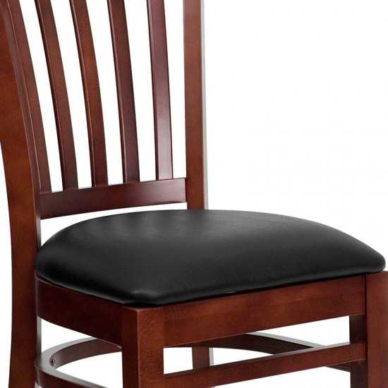 Vertical Slat Back Mahogany Wood Restaurant Chair - Black Vinyl Seat