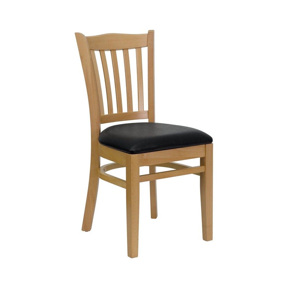 Vertical Slat Back Natural Wood Restaurant Chair - Black Vinyl Seat