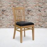 Vertical Slat Back Natural Wood Restaurant Chair - Black Vinyl Seat