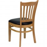 Vertical Slat Back Natural Wood Restaurant Chair - Black Vinyl Seat