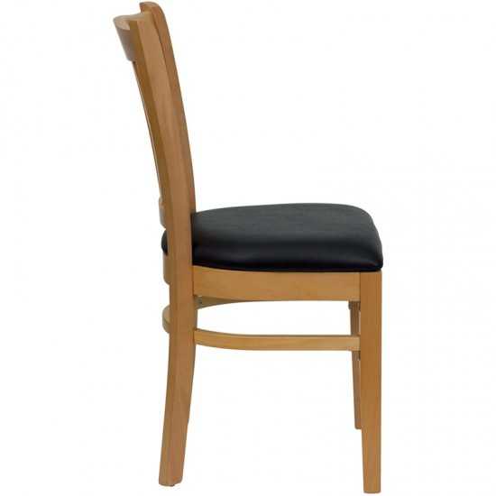 Vertical Slat Back Natural Wood Restaurant Chair - Black Vinyl Seat