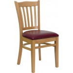 Vertical Slat Back Natural Wood Restaurant Chair - Burgundy Vinyl Seat