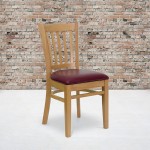 Vertical Slat Back Natural Wood Restaurant Chair - Burgundy Vinyl Seat