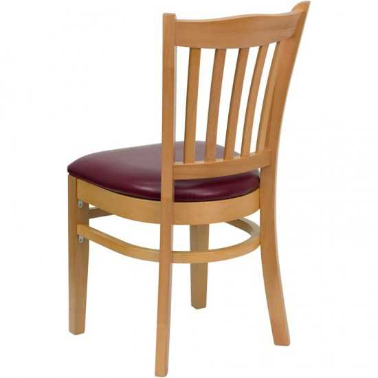 Vertical Slat Back Natural Wood Restaurant Chair - Burgundy Vinyl Seat