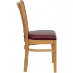 Vertical Slat Back Natural Wood Restaurant Chair - Burgundy Vinyl Seat