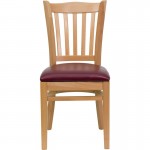 Vertical Slat Back Natural Wood Restaurant Chair - Burgundy Vinyl Seat