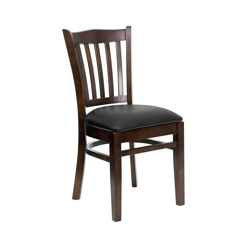 Vertical Slat Back Walnut Wood Restaurant Chair - Black Vinyl Seat