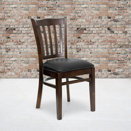 Vertical Slat Back Walnut Wood Restaurant Chair - Black Vinyl Seat