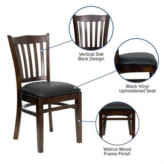 Vertical Slat Back Walnut Wood Restaurant Chair - Black Vinyl Seat