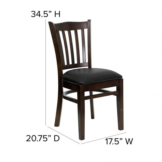 Vertical Slat Back Walnut Wood Restaurant Chair - Black Vinyl Seat