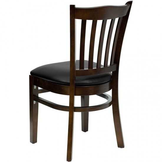 Vertical Slat Back Walnut Wood Restaurant Chair - Black Vinyl Seat