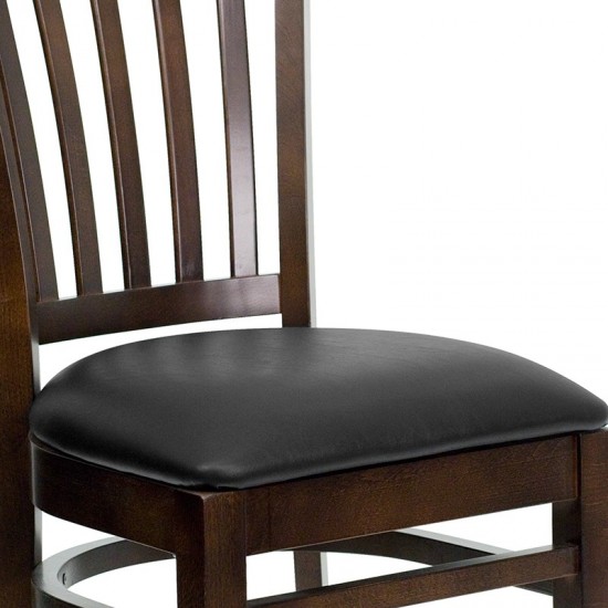 Vertical Slat Back Walnut Wood Restaurant Chair - Black Vinyl Seat